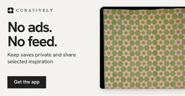 Social ad for Curatively: "No ads. No feed." Swiss style, bottom layout, light palette in white, yellow, grey.