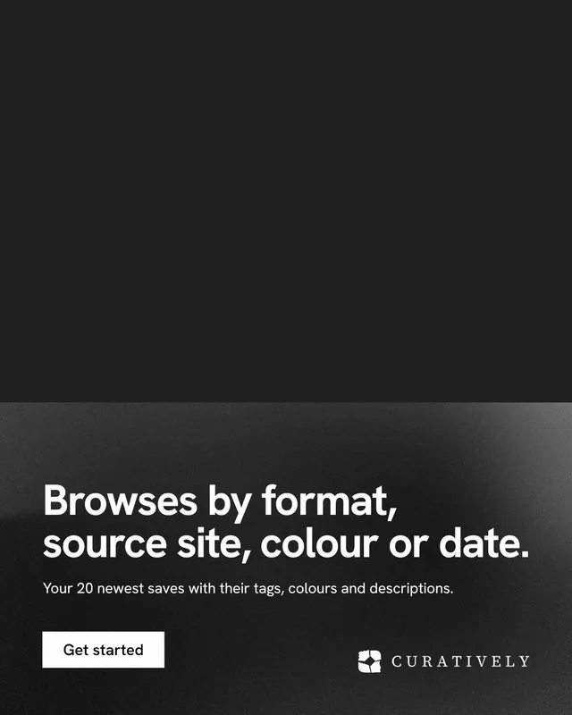 Instagram portrait post for Curatively: "Browses by format, source site, colour or date." Swiss style, bottom layout, dark palette in black, grey.