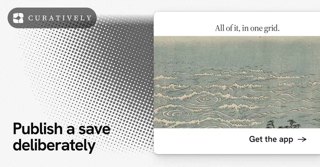 Social ad for Curatively: "Publish a save deliberately". Swiss style, image led layout, light palette in grey, white.