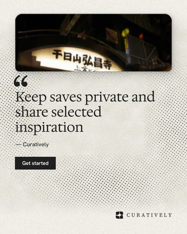 Instagram portrait post for Curatively: "Keep saves private and share selected inspiration". Ink sticker style, quote layout, light palette in white, grey, black.