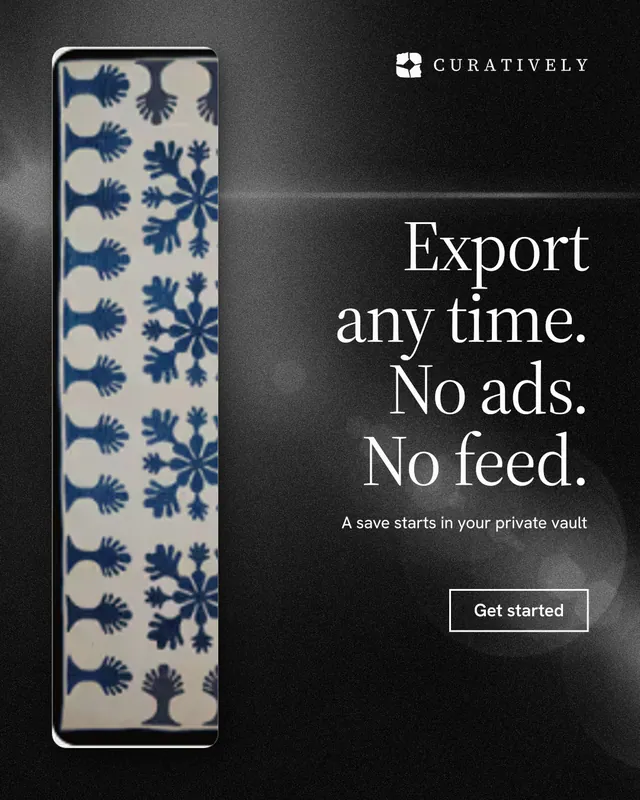 Instagram portrait post for Curatively: "Export any time. No ads. No feed." Dark deco style, right layout, dark palette in black, grey.