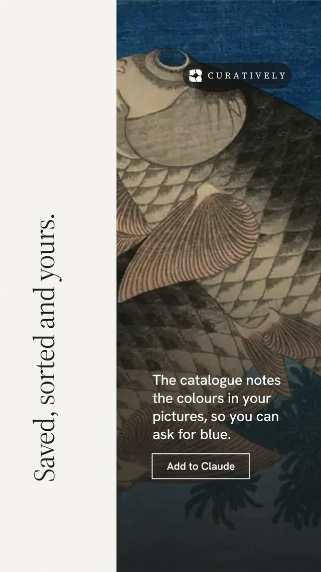Instagram story for Curatively: "Saved, sorted and yours." Editorial style, vertical layout, light palette in white, black, grey.