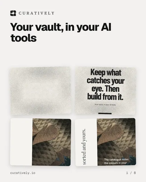 Carousel for Curatively: "Your vault, in your AI tools". Collection carousel, 8 slides, light palette.