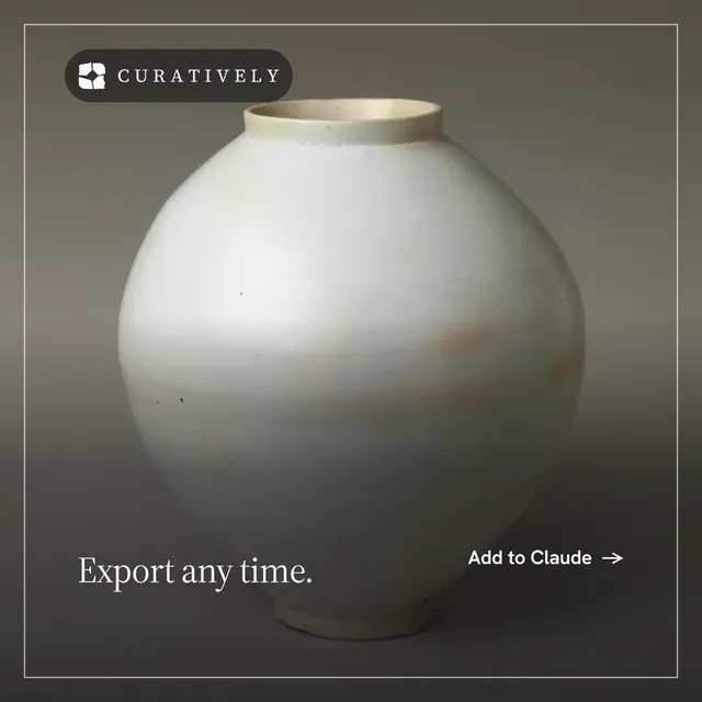 Instagram post for Curatively: "Export any time." Editorial style, image led layout, dark palette in grey, black, white.