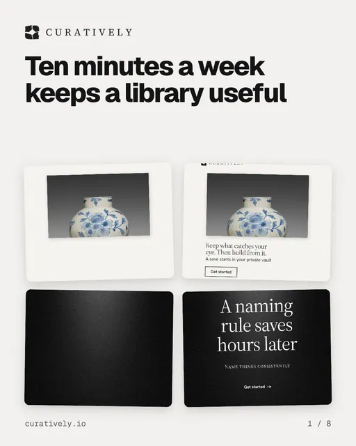 Carousel for Curatively: "Ten minutes a week keeps a library useful". Collection carousel, 8 slides, light palette.