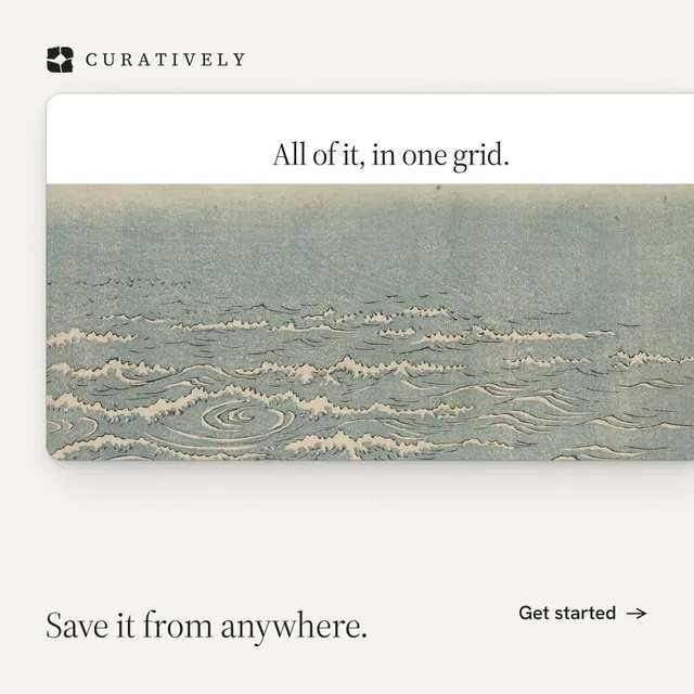 Instagram post for Curatively: "Save it from anywhere." Data card style, image led layout, light palette in white, grey.