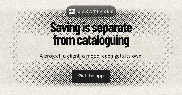 Social ad for Curatively: "Saving is separate from cataloguing". Ink sticker style, centred layout, light palette in grey, white, yellow.