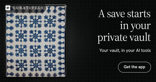 Social ad for Curatively: "A save starts in your private vault". Phosphor atlas style, right layout, dark palette in grey, black.