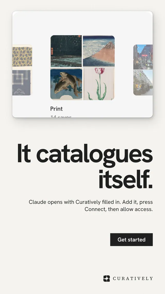 Instagram story for Curatively: "It catalogues itself." Swiss style, right layout, light palette in white, grey.
