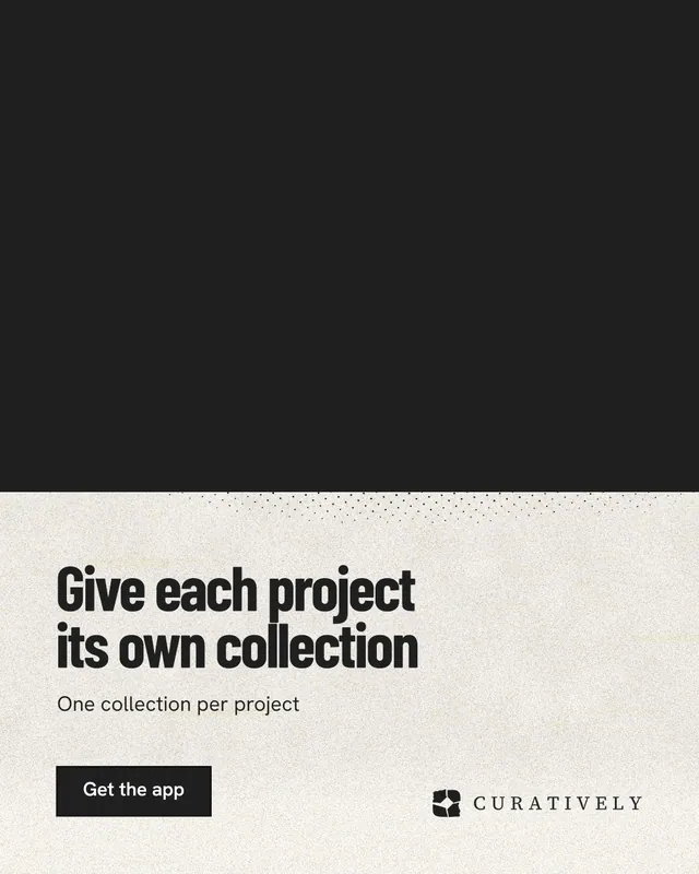 Instagram portrait post for Curatively: "Give each project its own collection". Ink sticker style, bottom layout, light palette in black, yellow, white.