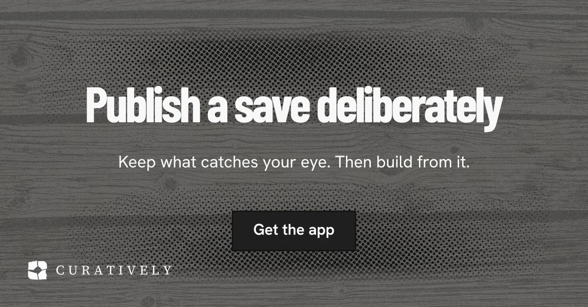Social ad for Curatively: "Publish a save deliberately". Ink sticker style, centred layout, dark palette in grey.