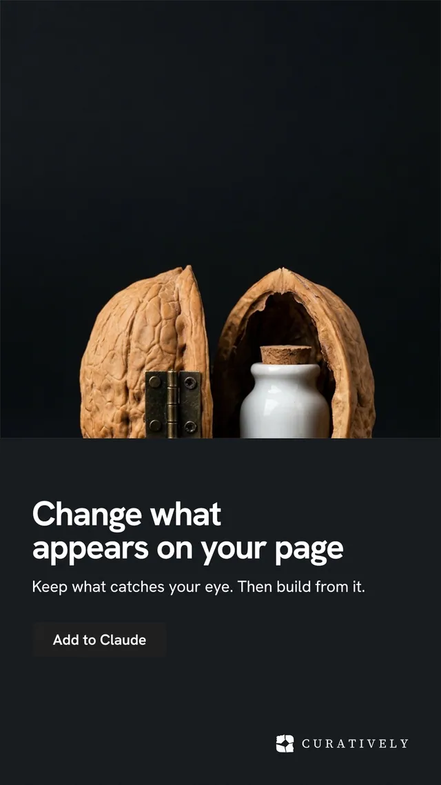 Instagram story for Curatively: "Change what appears on your page". Swiss style, bottom layout, dark palette in black, grey.