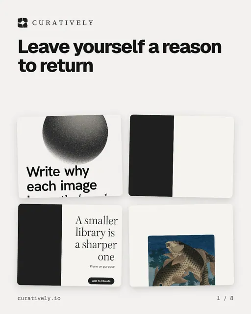 Carousel for Curatively: "Leave yourself a reason to return". Collection carousel, 8 slides, light palette.
