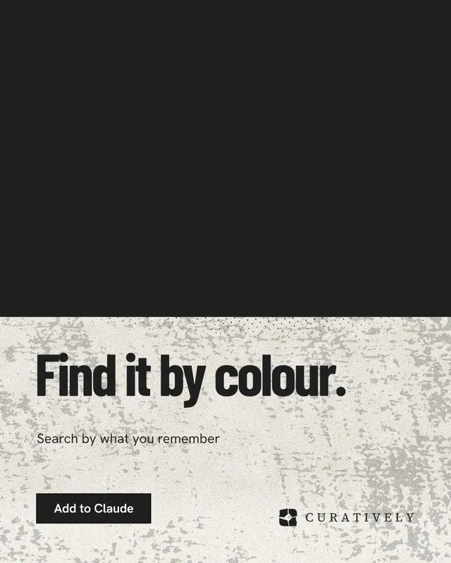 Instagram portrait post for Curatively: "Find it by colour." Ink sticker style, bottom layout, dark palette in black, white, yellow.