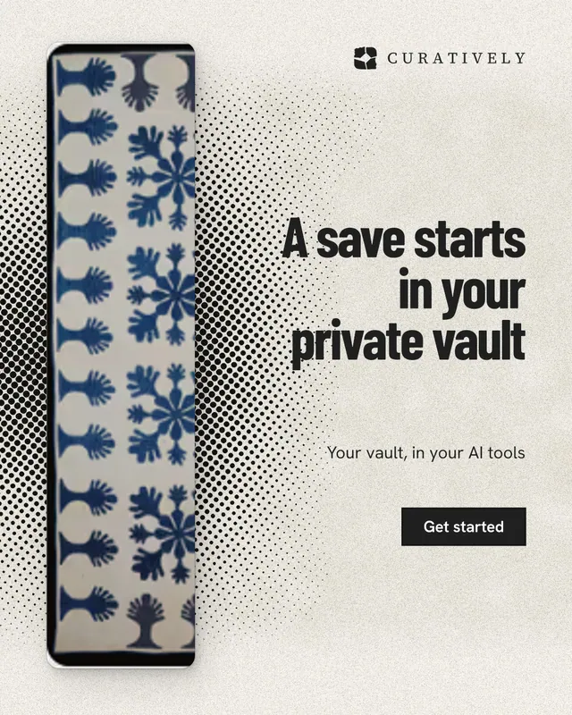 Instagram portrait post for Curatively: "A save starts in your private vault". Ink sticker style, right layout, light palette in white, grey, yellow.