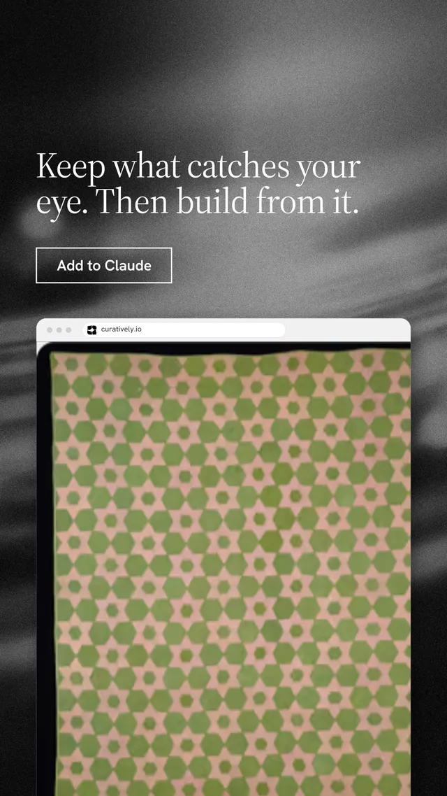 Instagram story for Curatively: "Keep what catches your eye. Then build from it." Dark deco style, browser layout, light palette in grey, black, yellow.