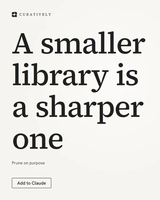 Video for Curatively: "A smaller library is a sharper one". Doc motion loop, 6.0 s, light palette.