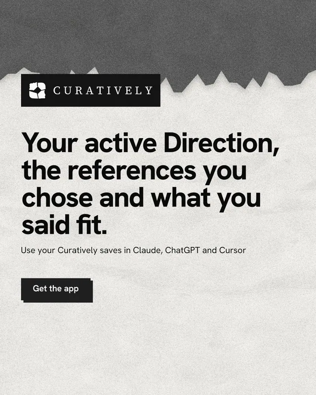 Instagram portrait post for Curatively: "Your active Direction, the references you chose and what you said fit." Paper trio style, announce layout, light palette in white, grey.