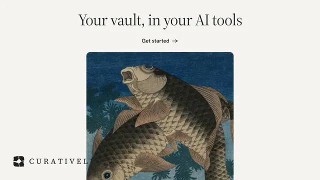 Landscape graphic for Curatively: "Your vault, in your AI tools". Editorial style, ogui layout, light palette in white, grey.