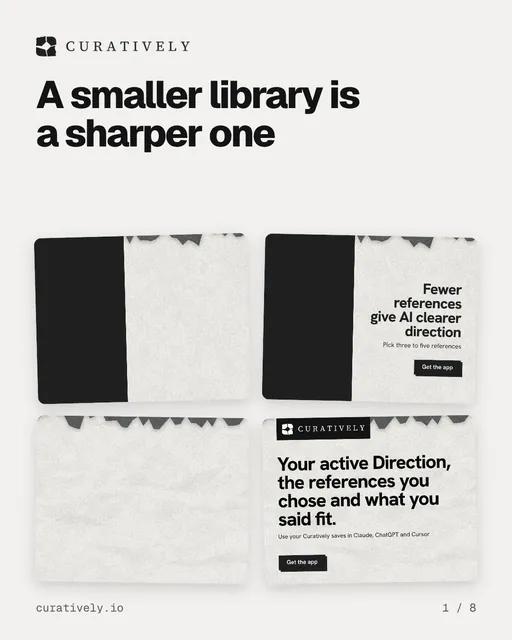 Carousel for Curatively: "A smaller library is a sharper one". Collection carousel, 8 slides, light palette.