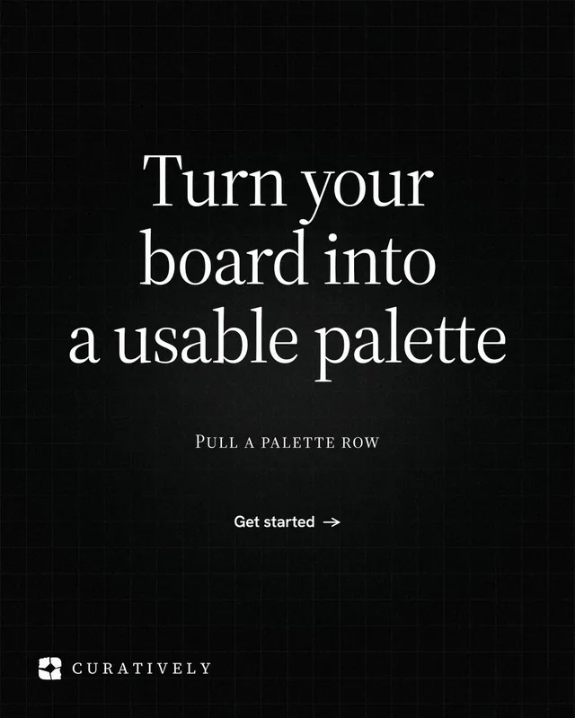 Instagram portrait post for Curatively: "Turn your board into a usable palette". Phosphor atlas style, smallcaps layout, dark palette in black.