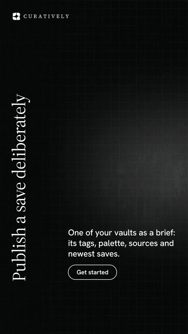 Instagram story for Curatively: "Publish a save deliberately". Phosphor atlas style, vertical layout, dark palette in black.