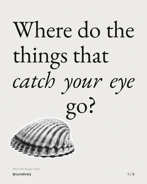 Carousel for Curatively: "Where do the things that catch your eye go?". Cutout essay, 6 slides, light palette.