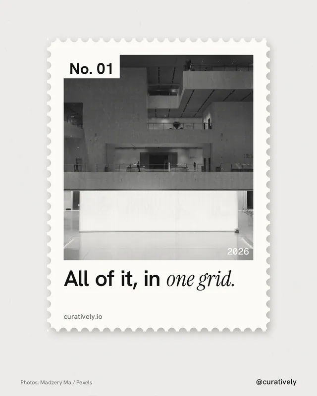 Instagram portrait post for Curatively: "All of it, in one grid." Single style, technique:stamp series layout, light palette in white, grey.