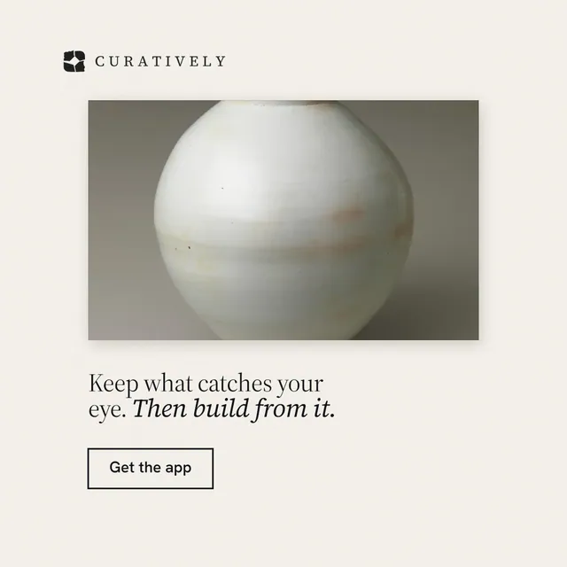 Instagram post for Curatively: "Keep what catches your eye. Then build from it." Editorial style, bottom layout, light palette in white, grey.