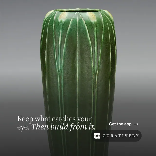 Instagram post for Curatively: "Keep what catches your eye. Then build from it." Editorial style, image led layout, dark palette in grey, black.