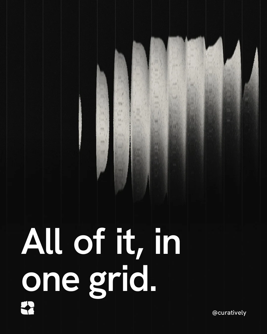 Video for Curatively: "All of it, in one grid.". Shader loop, 6.0 s, dark palette.