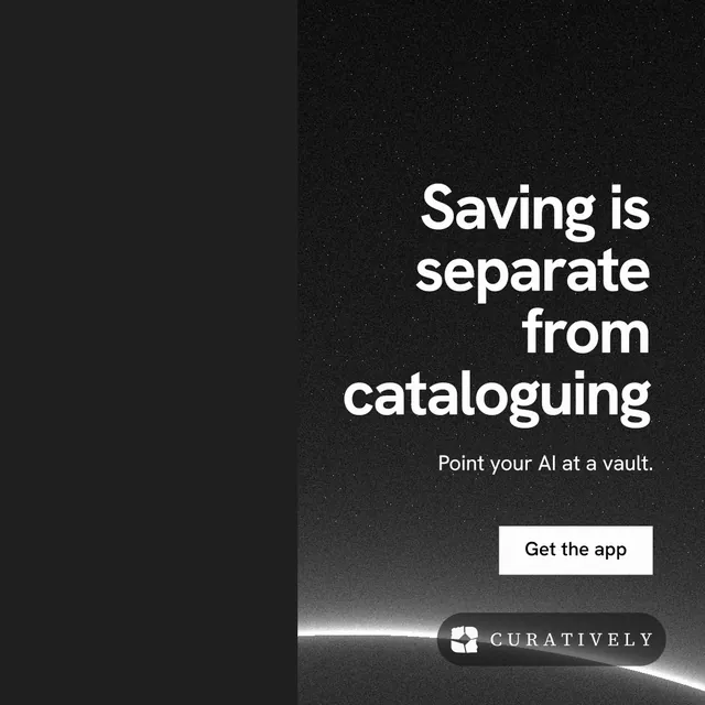 Instagram post for Curatively: "Saving is separate from cataloguing". Swiss style, right layout, dark palette in black, grey.