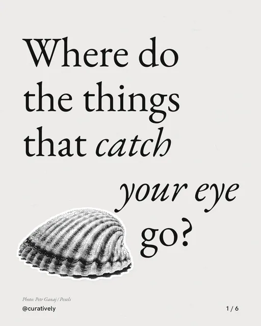 Carousel for Curatively: "Where do the things that catch your eye go?". Cutout essay, 6 slides, light palette.