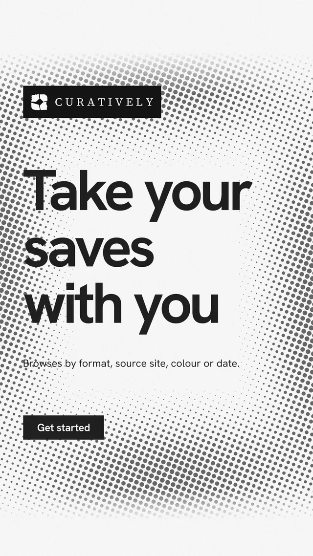 Instagram story for Curatively: "Take your saves with you". Swiss style, announce layout, light palette in white, grey.