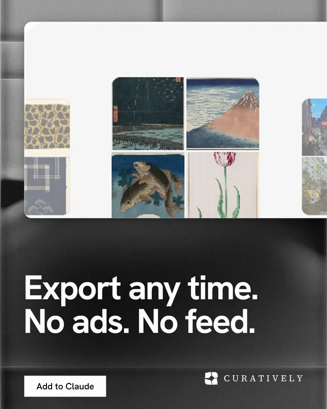 Instagram portrait post for Curatively: "Export any time. No ads. No feed." Swiss style, bottom layout, light palette in black, grey, white.