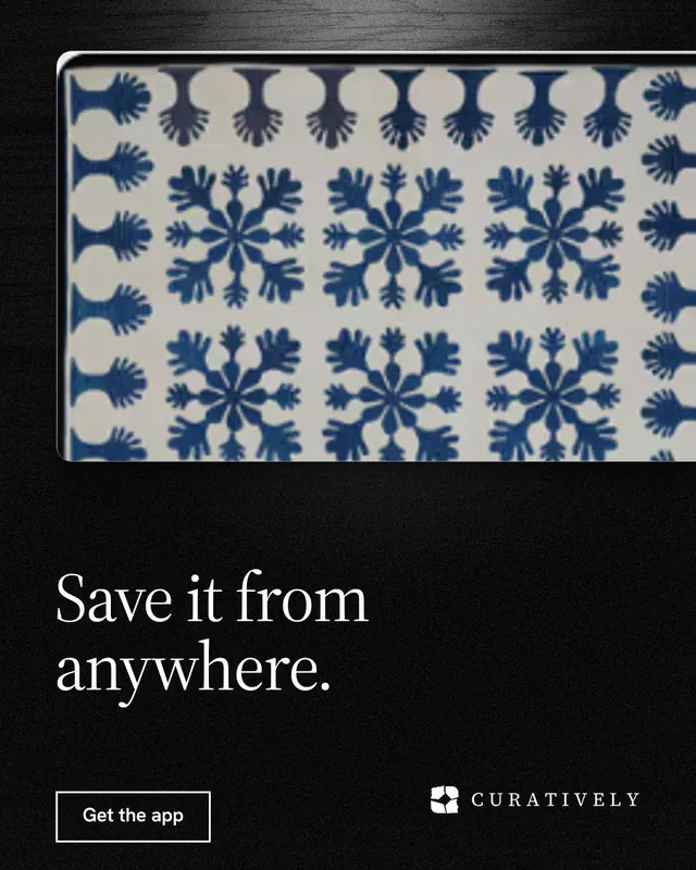 Instagram portrait post for Curatively: "Save it from anywhere." Dark deco style, bottom layout, dark palette in black, grey.