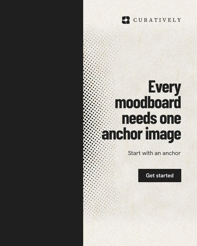 Instagram portrait post for Curatively: "Every moodboard needs one anchor image". Ink sticker style, right layout, light palette in black, yellow, white.