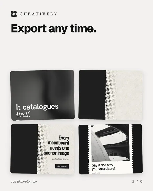 Carousel for Curatively: "Export any time.". Collection carousel, 8 slides, light palette.