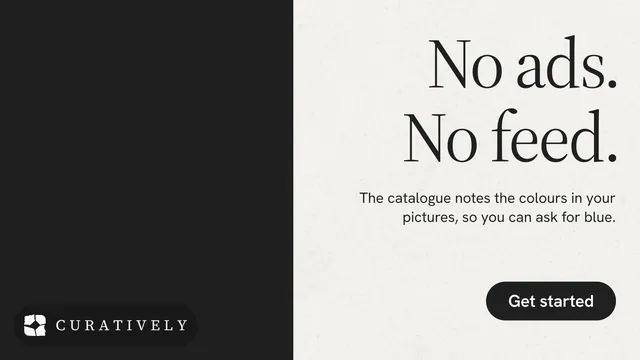 Landscape graphic for Curatively: "No ads. No feed." Data card style, right layout, light palette in black, white.