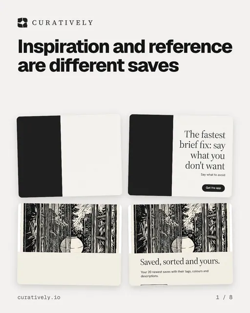 Carousel for Curatively: "Inspiration and reference are different saves". Collection carousel, 8 slides, light palette.