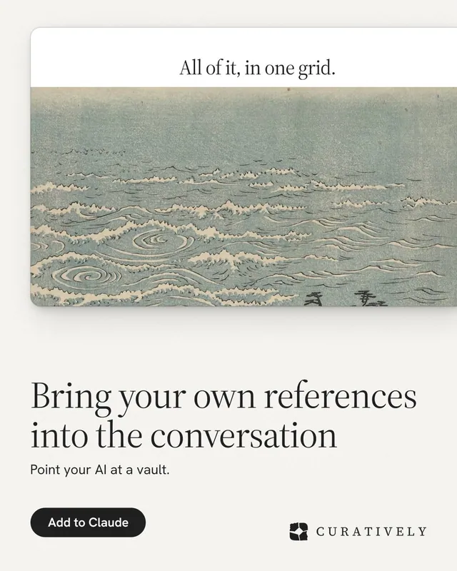 Instagram portrait post for Curatively: "Bring your own references into the conversation". Data card style, bottom layout, light palette in white, grey.