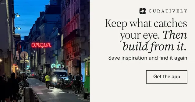 Social ad for Curatively: "Keep what catches your eye. Then build from it." Editorial style, right layout, light palette in white, purple, blue.