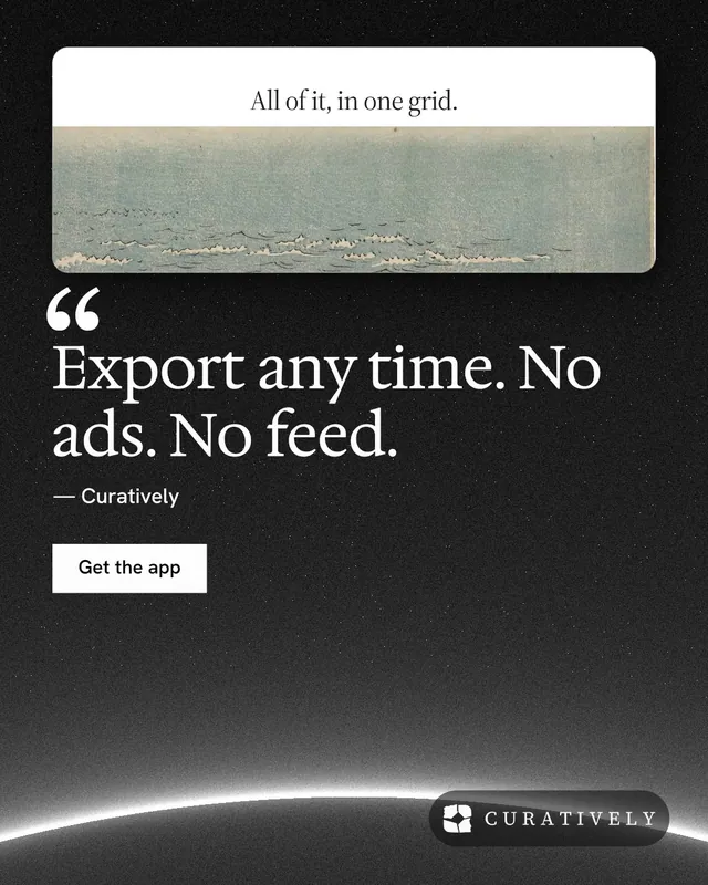Instagram portrait post for Curatively: "Export any time. No ads. No feed." Swiss style, quote layout, dark palette in grey, black.