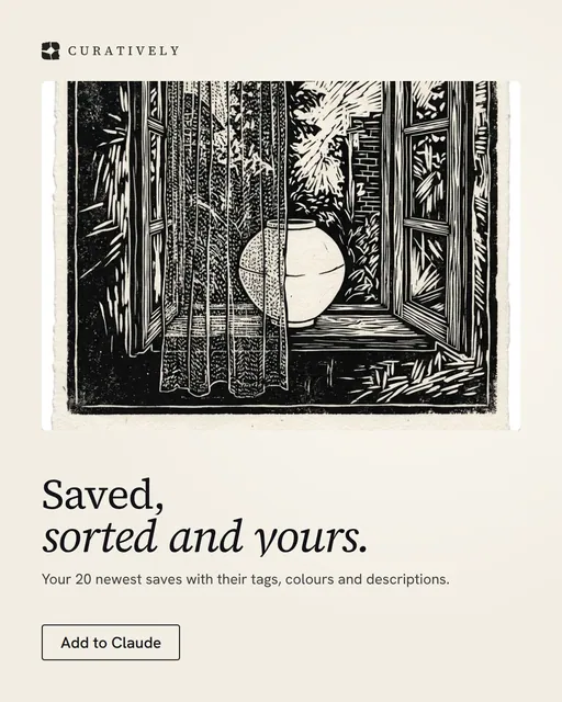Video for Curatively: "Saved, sorted and yours.". Doc motion loop, 7.0 s, light palette.