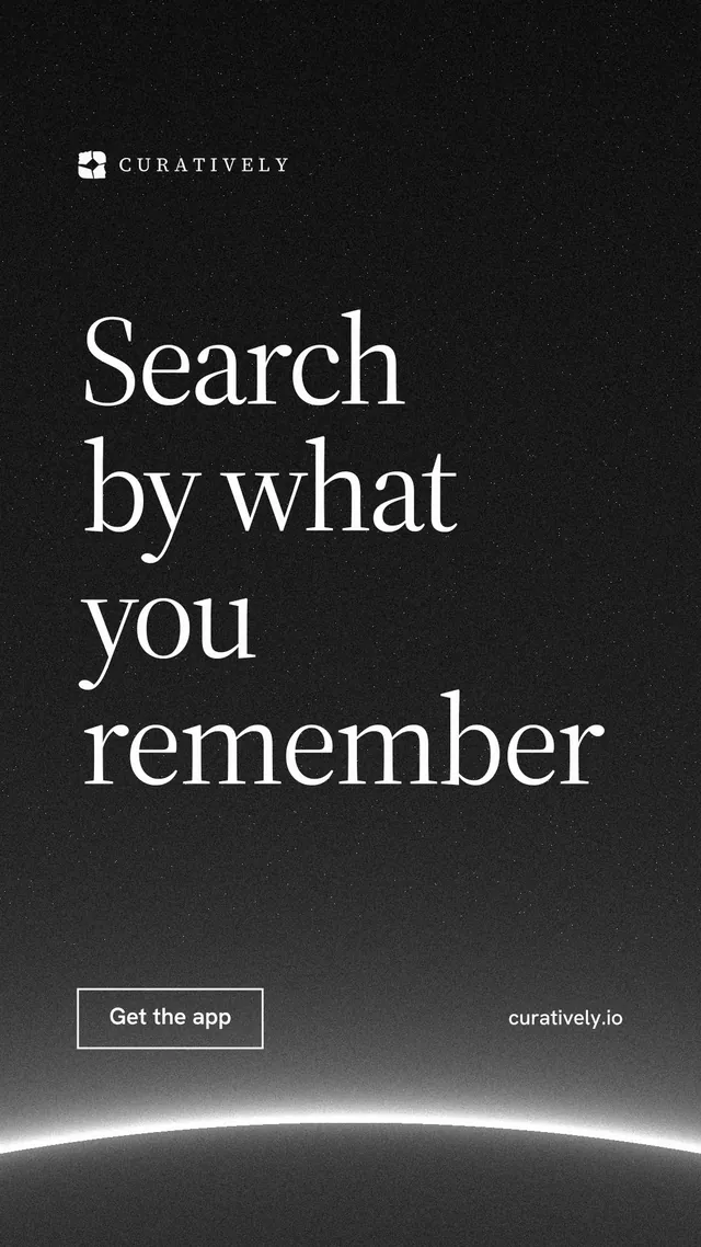 Instagram story for Curatively: "Search by what you remember". Editorial style, poster layout, dark palette in black, grey.