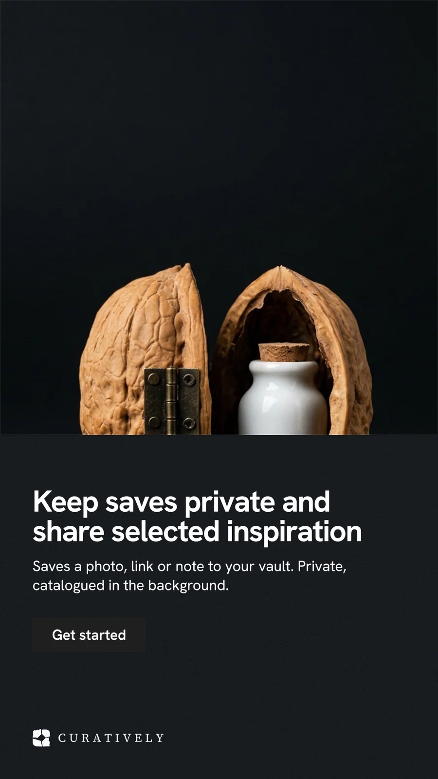 Instagram story for Curatively: "Keep saves private and share selected inspiration". Swiss style, bottom layout, dark palette in black, grey.