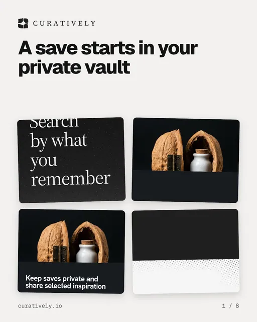 Carousel for Curatively: "A save starts in your private vault". Collection carousel, 8 slides, light palette.