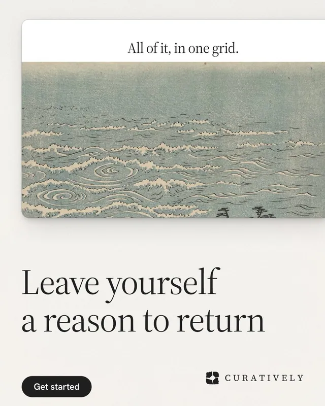 Instagram portrait post for Curatively: "Leave yourself a reason to return". Data card style, bottom layout, light palette in grey, white.