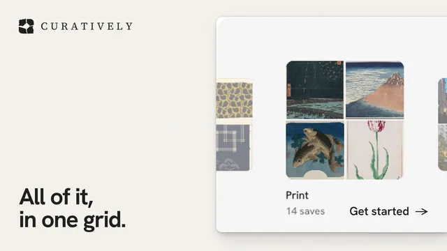 Landscape graphic for Curatively: "All of it, in one grid." Swiss style, image led layout, light palette in white, grey.
