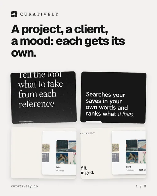 Carousel for Curatively: "A project, a client, a mood: each gets its own.". Collection carousel, 8 slides, light palette.